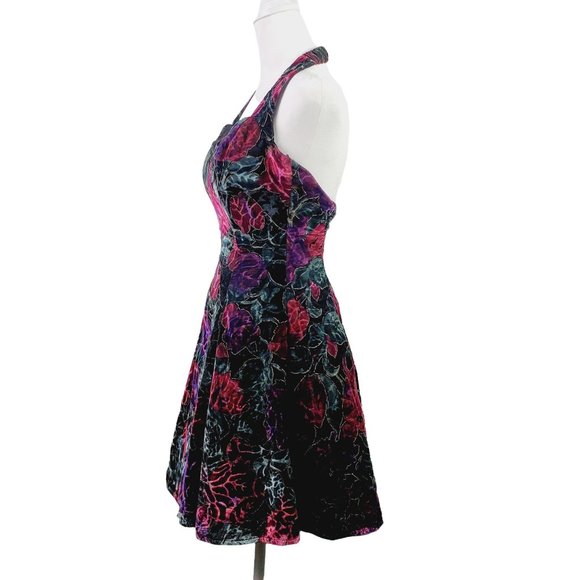 Vtg Steppin Out 1980's Gold Lined Velvet Floral Beaufont Halter Mini Dress Sz 3 - Picture 3 of 8